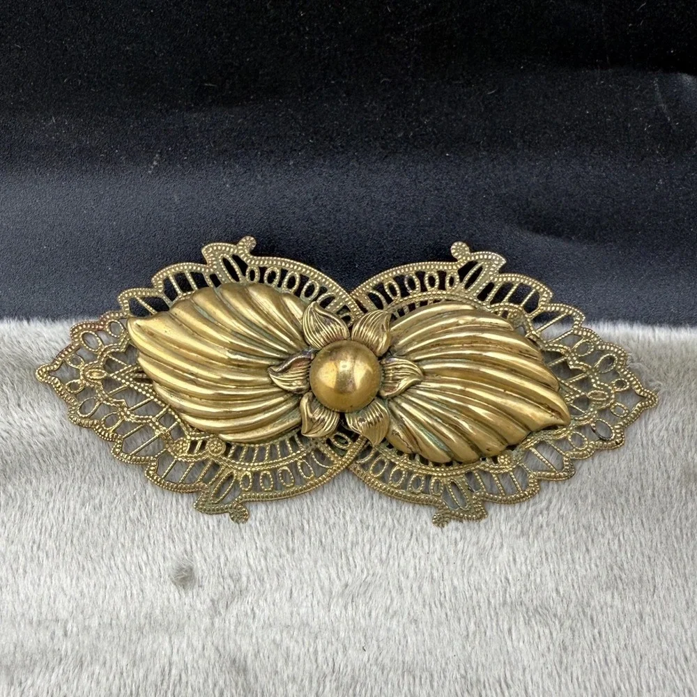 Vintage Estate Brooch Gold Tone Art Deco Flower Bow Filigree Pin 3.5in